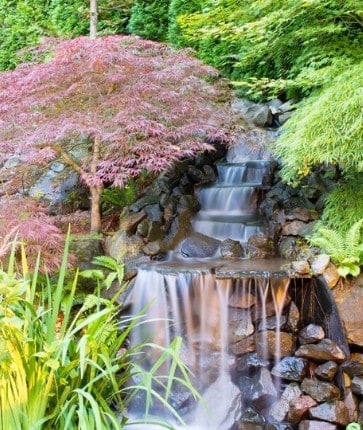 A waterfall in a japanese garden.